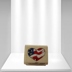 Vintage 1997 Noteworthy Vintage Heart American Flag Wooden Handle Rubber Stamp